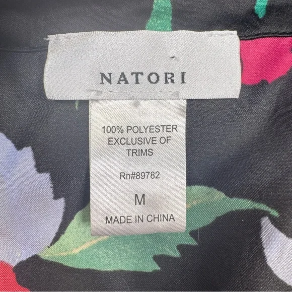 NATORI Floral 2 Piece Satin Long Sleeve Shirt & Pant Pajama Set BLACK / MEDIUM - Picture 13 of 14